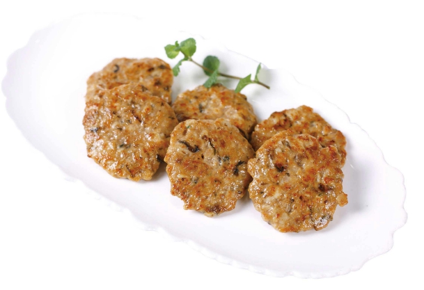 Shiitake Mushroom, Water Chestnut, and Preserved Mustard Greens Meat Patties with Abalone Sauce